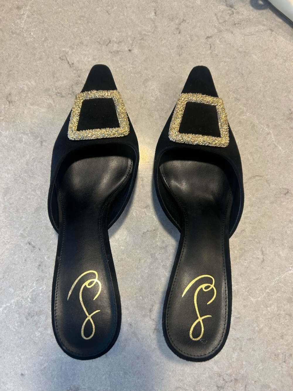 Sam Edelman Black Pointed Mule Heels with Gold Buckle Accent - Picture 2 of 4